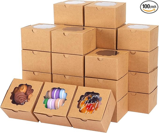 TOMNK 100pcs 4x4x2.5 Small Cookie Boxes, Mini Dessert Boxes with Window for Cupcakes, Macarons, Chocolate,Strawberries, Muffins(Kraft Paper)