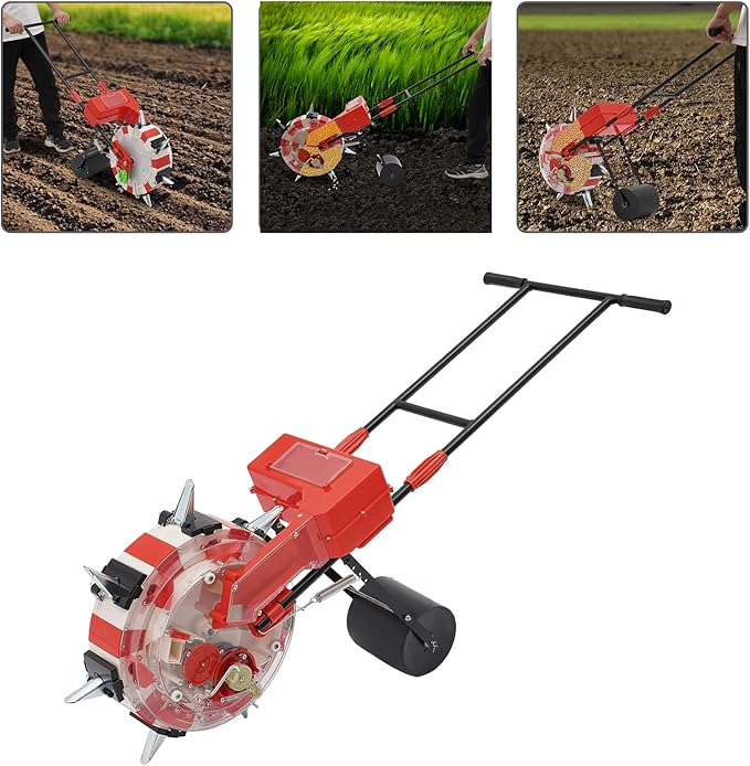 Garden Seeder, Metal Precision Garden Push Seeder,Walk-Behind Row Crop Planter,Clear Seed Storage Box, for Sowing Seeds,7 Holes
