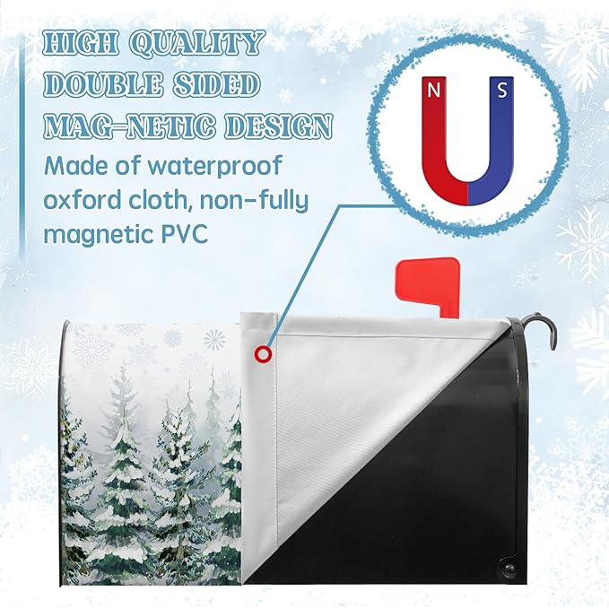 Winter Cedar Magnetic Mailbox Cover Snowy Forest Mailbox Wrap Pine Tree Snowflake Nature Landscape Mail Post Letter Box Cover for Christmas Holiday Garden Yard Decor Standard Size 18" X 21"