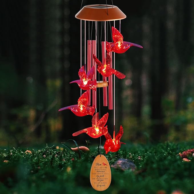 Cardinal Red Bird Solar Wind Chimes - Outdoor Garden Gifts for Mom from Daughter or Son - Mom's Room Decor for Mother's Day, Thanksgiving, Christmas, Birthday