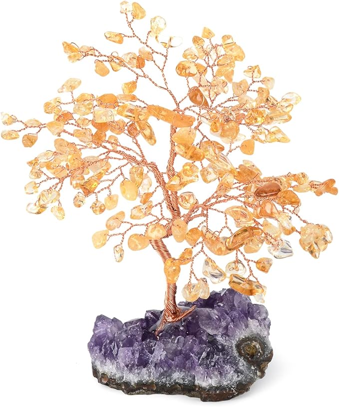 Natural Citrine Crystal Tree with Amethyst Geode Base,Healing Crystals Feng Shui Bonsai Money Tree,Chakra Balancing Positive Energy Home Decor 5.5"-6.3"