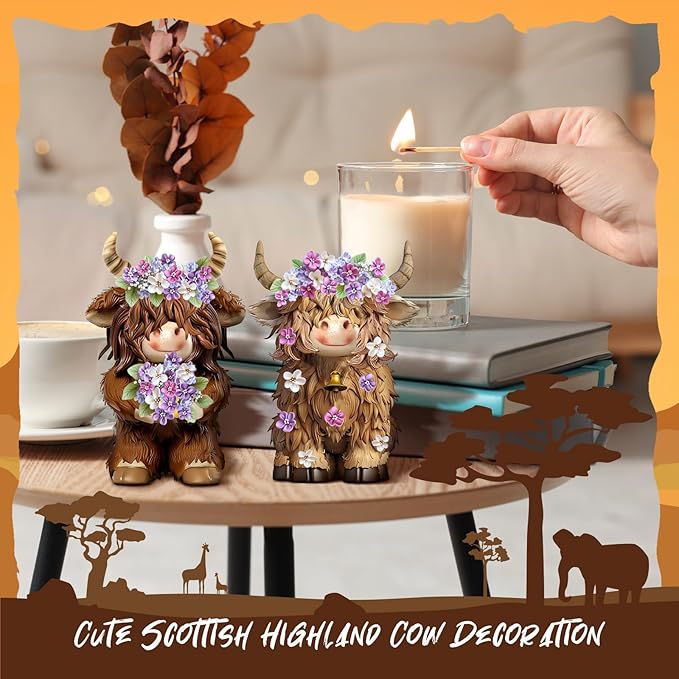 2 Pcs Highland Cow Figurines Lilacs Highland Cow Gnomes Lilacs Decor Resin Statue Calf Lovers Gifts for Farmhouse Home Garden Kitchen Office Tiered Tray Table Decor