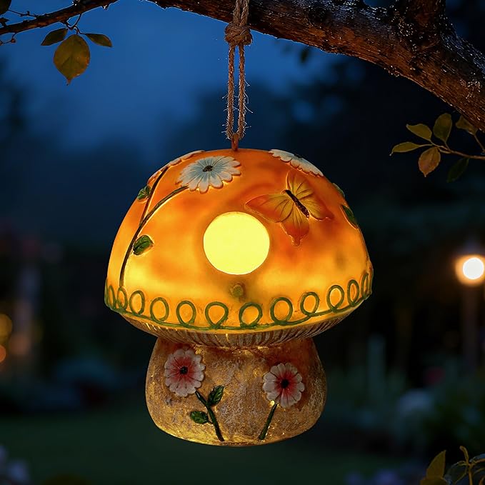 Solar Birdhouse for Outdoor Hanging, Mushroom Bird House with Lights Outside, Resin Garden Statue Decorative Nesting Box for Chick Blue Bird Hummingbird Woman Gifts for Yard Patio