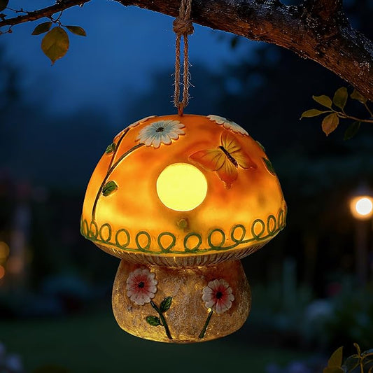 Solar Birdhouse for Outdoor Hanging, Mushroom Bird House with Lights Outside, Resin Garden Statue Decorative Nesting Box for Chick Blue Bird Hummingbird Woman Gifts for Yard Patio