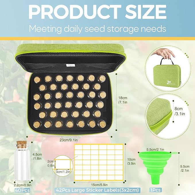40 Slots Seed Storage Organizer with 20 Seed Envelopes, Sturdy Organizer Storage Box with Label Stickers, Glass Container for Flower Vegetable Garden Seed Saving (Seeds not Included)