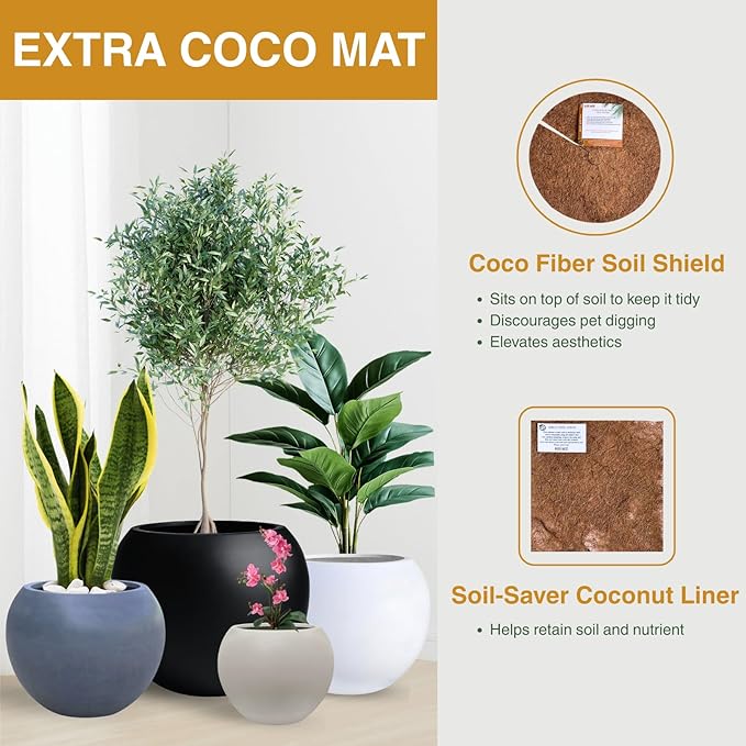 9.7" H x 12" D Globo Fiberstone Round Planter - Christmas Tree Planter, Smooth Finishes, Weather Resistant for Indoor & Outdoor Use, Included 2 Extra Coco Mats (Taupe, 7.8" Pot Opening)