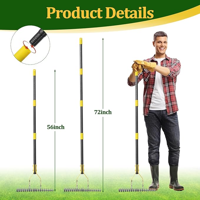 19-Tine Cold-Pressed Steel Dethatcher Rake - 72 inch Adjustable Handle, Ergonomic Grip, Rust-Resistant - Perfect for Gardens, Lawns, Fields, & More - Senior-Friendly Design