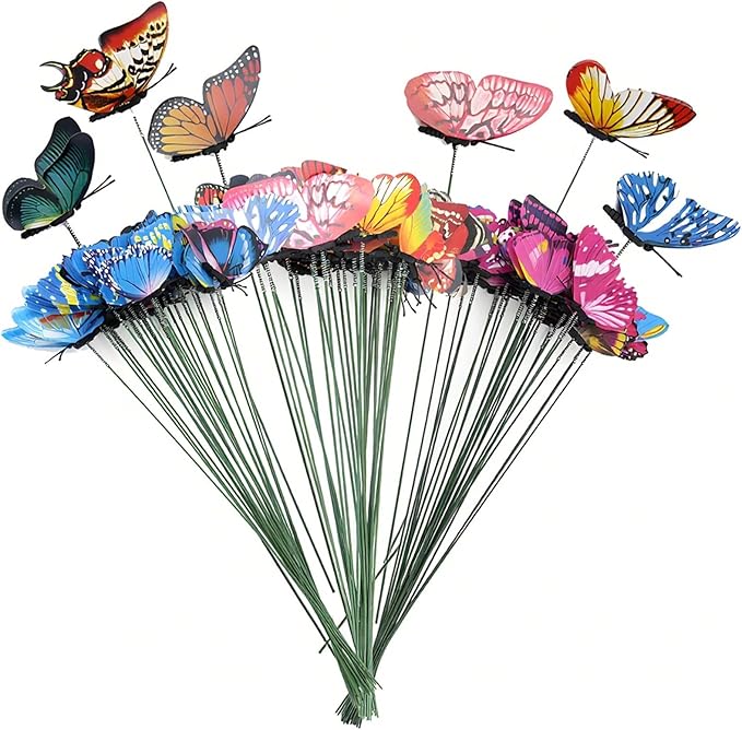 24pcs Butterfly Garden Posts - Colorful Metal Butterfly Decorations for Outdoor Gardens, courtyards, Flower beds, Indoor planters, Party Decorations - Waterproof Material
