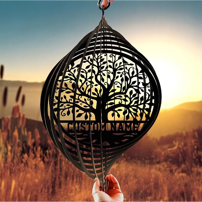 Personalized Tree of Life Metal Wind Spinners, Custom Name Garden Wind Spinners, Hanging Outdoor Decor, Yard Art, Hanging Wind Spinner for Indoor Lawn Patio Porch, Housewarming Gift Color09