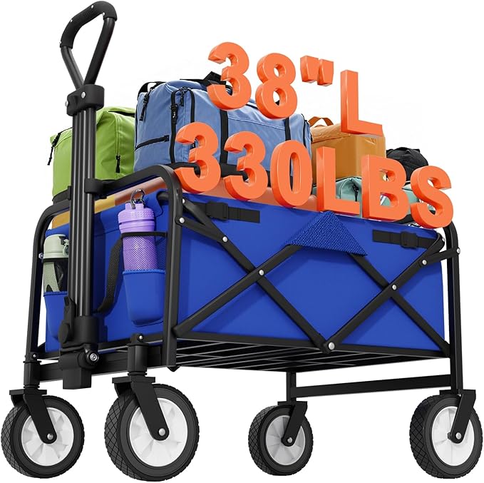 PayLessHere | Collapsible Wagon Cart with Wheels | Blue | Heavy Duty Foldable Utility Cart with 330 lb Capacity | with All-Terrain Wheels & Adjustable Handle for Outdoor, Garden, Beach, Shopping