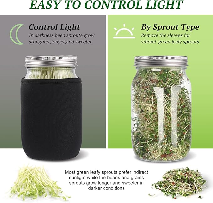 Premium Sprouting Jar Kit 2Pcs Large Wide Mouth Mason Jars With Screen Sprout Lid,Sprouting Jar Stand,Tray,Blackout Sleeves,-Seed Sprouting Kit For Growing Mung beans,Broccoli