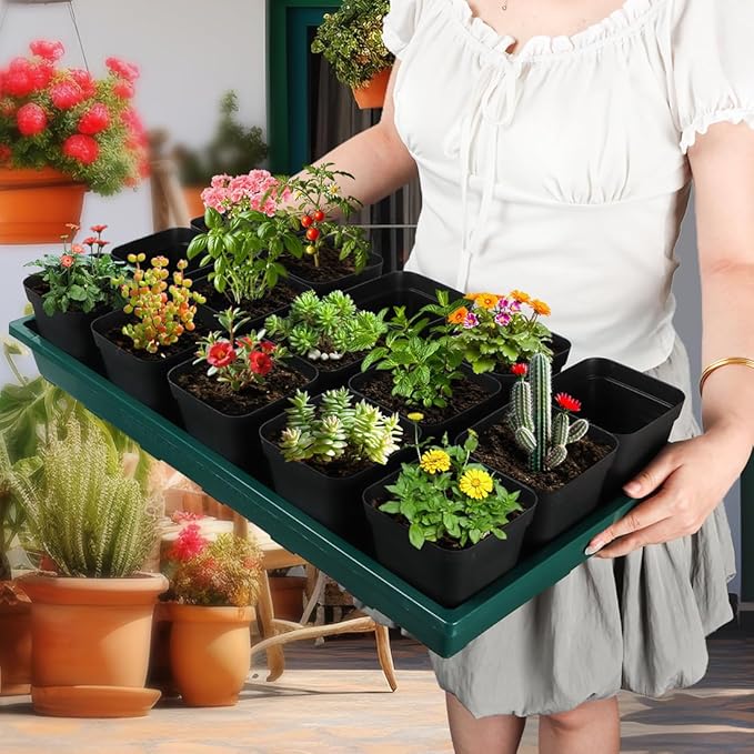 1020 Nursery Pots Trays 5 Pack, Plastic Flat Seed Starter Trays, Durable Seedling Potting Tray for Carrying and Holding Planting Pot (Green)