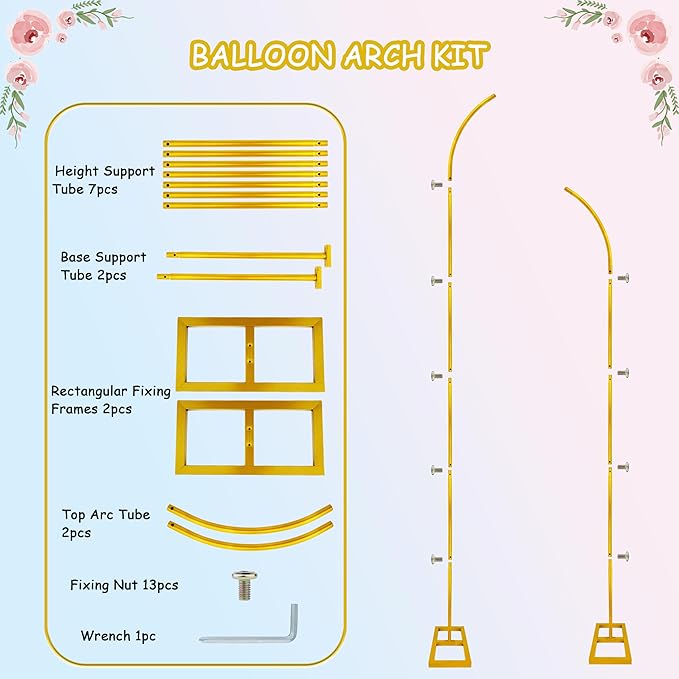 Wedding Arch Stand Flower 7.58FT Half Arch Stand with Base for Flowers, Portable Gold Metal Balloons Ceremony Decor - Reusable Wedding Arches for Decorations