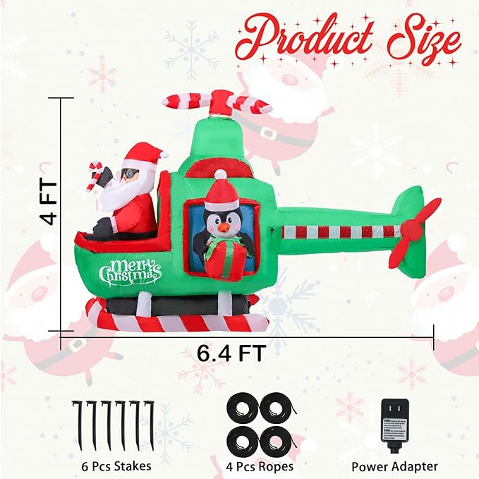 VCUTEKA Christmas Inflatables Outdoor Decorations, 6.5FT Santa Flying Animated Airplane with Penguin Blow Up Built-in LED Lights for Holiday Yard Garden Lawn Xmas Decor