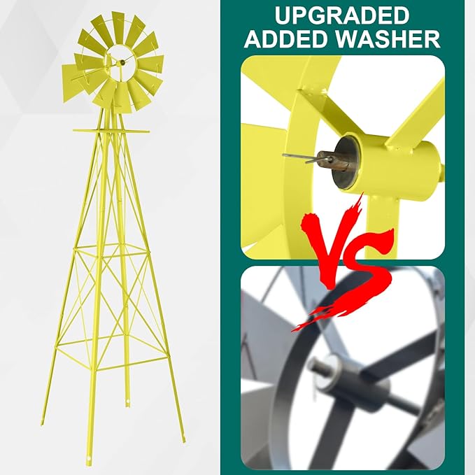 VINGLI 8FT Ornamental Windmill Backyard Garden Decoration Weather Vane, Heavy Duty Metal Wind Mill w/ 4 Legs Design,Yellow