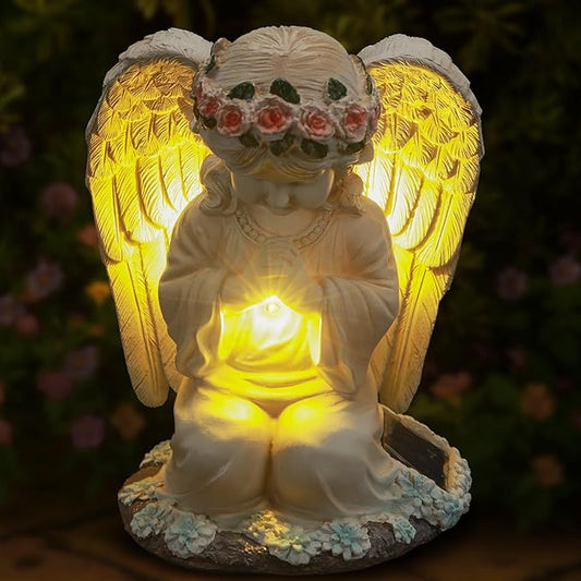 Solar Angel Prayer Statue, Memory Guardian Garden Decor with Warm Light - Religious Outdoor Decor, Auto On/Off LED Light, Memorial Gift for Cemetery, Patio & Gravesite