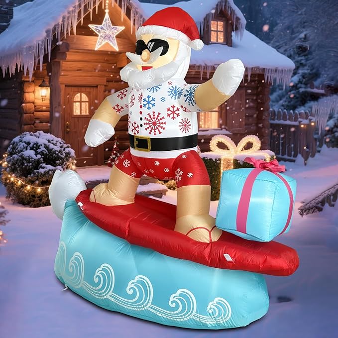 5.6FT Christmas Inflatables Surfing Santa Claus Outdoor Hawaiian Decorations, Christmas Blow Up Yard Decorations with Built-in LED Lights for Indoor Outdoor Holiday Party Garden Patio Yard Lawn Decor