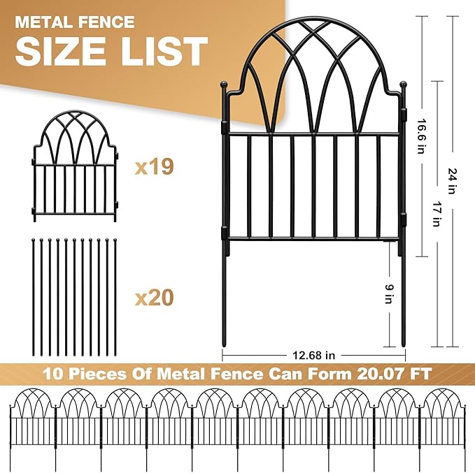 19 Pack Decorative Garden Fence Panels - 20.07 Ft Black Arched Metal Landscape Border Edging with Floral Design,No-Dig Rustproof Wire Fencing for Flower Beds, Patios, Dog, Yard, Outdoor