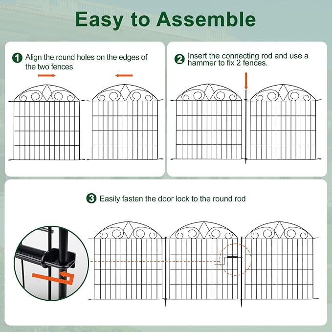 SUNLAX 10 Panels Garden Fence 20ft(L) x 24in(H) Metal No Dig Fence Animal Barrier for Dogs Temporary Fence for Backyard Outdoor Garden with Gate