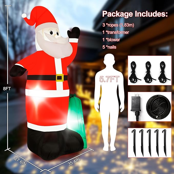8FT Christmas Inflatable Santa Claus with Waving Hand & Built-in LED Lights, Outdoor Blow Up Santa Yard Decoration for Holiday Party, Garden, Lawn, Indoor Xmas Decor