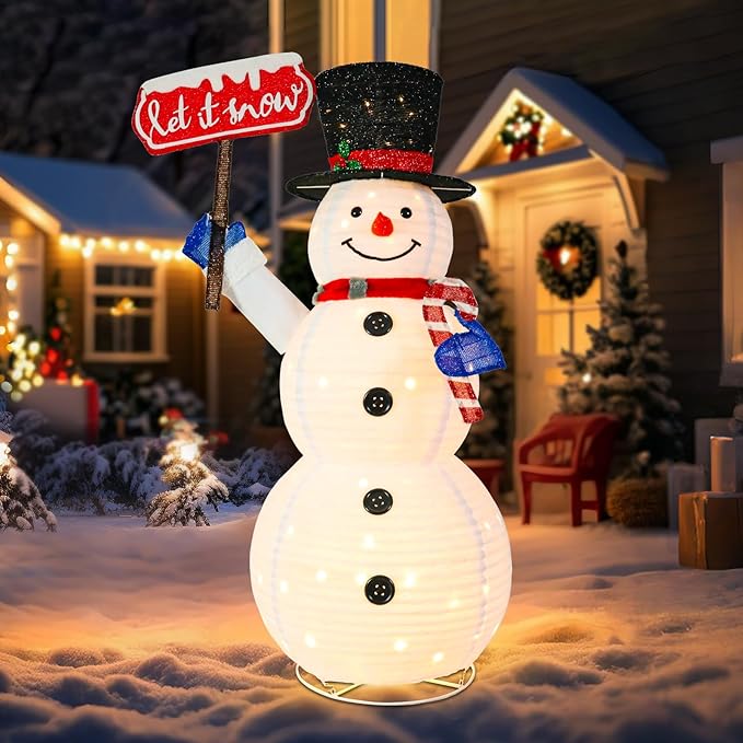 5.2FT Lighted Christmas Snowman Outdoor Pre-lit 3D Glittered Popup Snowman with LED Lights Let It Snow Sign Lighted Standing Ornament Outdoor Indoor Xmas Decoration for Home Lawn Yard Garden Display