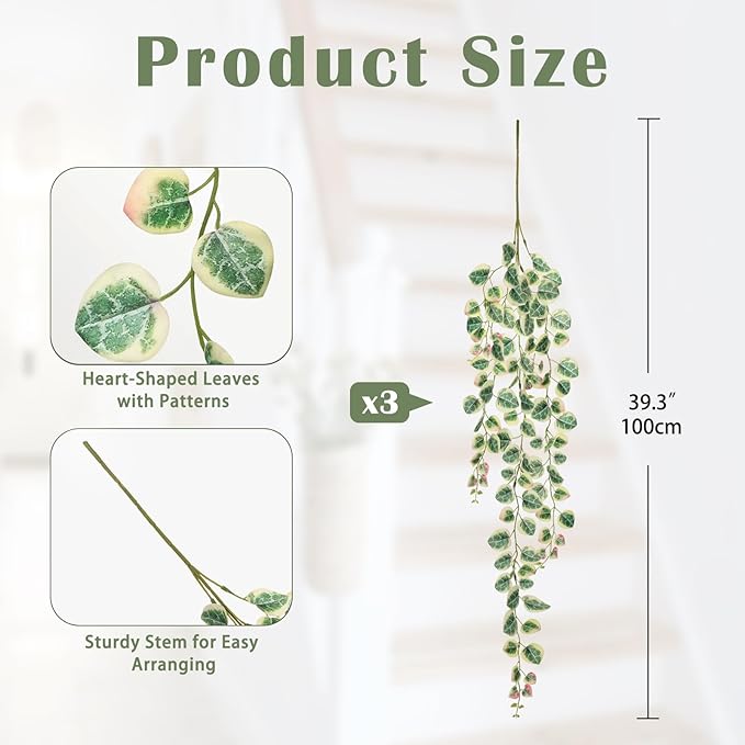 Briful 3 Pack Fake Hanging Plant 39.3" Artificial Hanging String of Hearts Plant Faux Trailing Vine with Heart-Shaped Leaves Lush Cascading Fake Geenery for Home Wall Garden Patio Shelf Decor