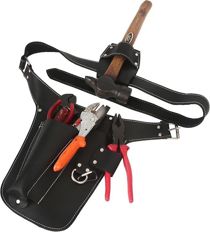 Handmade Full Grain Genuine Leather Florist Tool Belt for Construction, Gardening, Electrician - Waist Pouch with Pockets (Black)