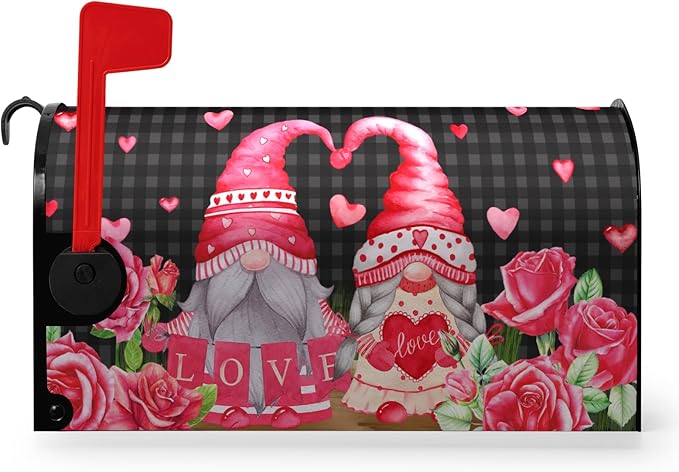 Valentine's Day Gnomes Mailbox Cover - Love Hearts Magnetic Mailbox Covers Red Rose Buffalo Plaid Humor Letter Post Box Wrap Standard Size 18" X 21"
