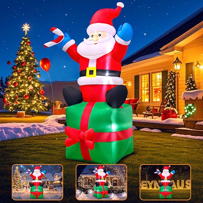 6FT Christmas Santa Inflatables Outdoor Decorations Santa Claus with Gift Box Blow Up Yard Decorations,Built-in LED Lights for Outdoor Christmas Party Yard Garden Lawn Xmas Decoration