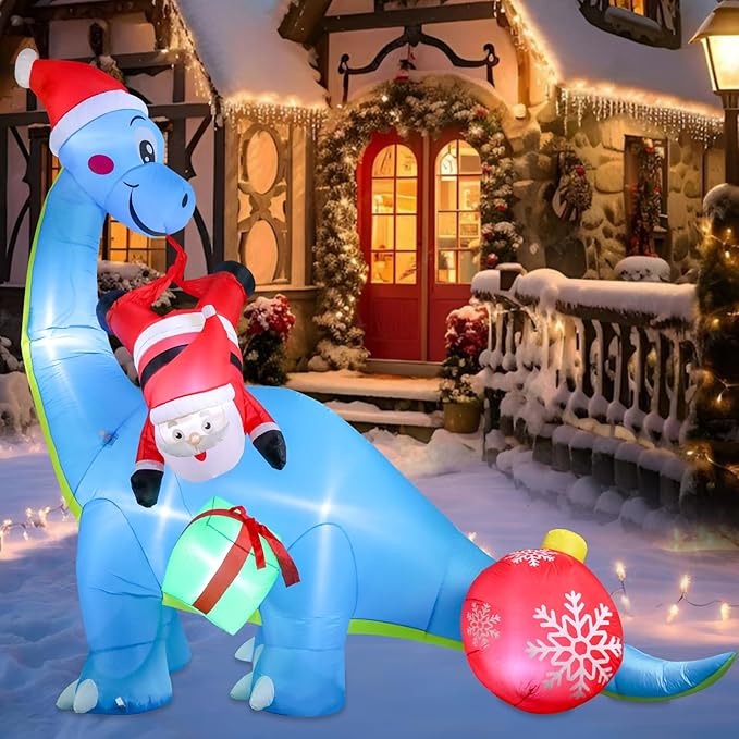 Christmas Inflatables Christmas Blow Up Yard Decorations Christmas Inflatable Dinosaur Play with Santa Clause Gift Boxes LED Lighted Up Yard Lawn Garden Home Party Decor