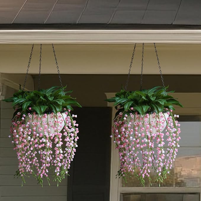 alyptus Hanging Planters for Indoor Plants Fake Flowers - 2-Pack Artificial Hanging Lily of The Valley with Pot - White Faux Flowers in Planters for Indoor Décor
