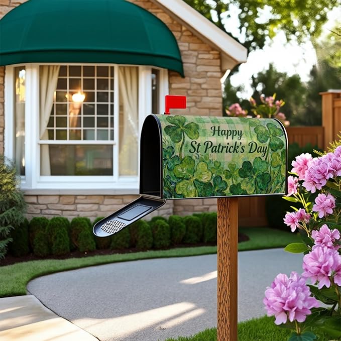 St. Patrick's Day Plaid Mailbox Covers Magnetic Standard Size Saint Patricks Holiday Theme Shamrock Lucky Clover Spring Outdoor Decorative Letter Box Cases for Home Garden Outside Decor, 21x18 Inch