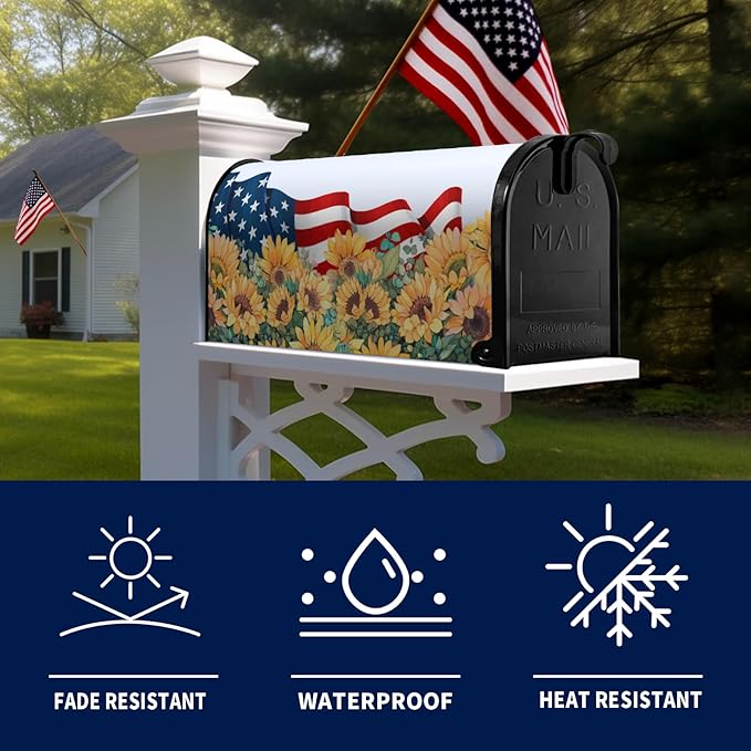 Patriotic Mailbox Cover Magnetic Large Size Summer July 4th Mailbox Wrap America Flag Flower Letterbox Cover USA Independence Day Floral Mail Box Covers Outdoor Decor Oversized 25.5 X 21 Inch