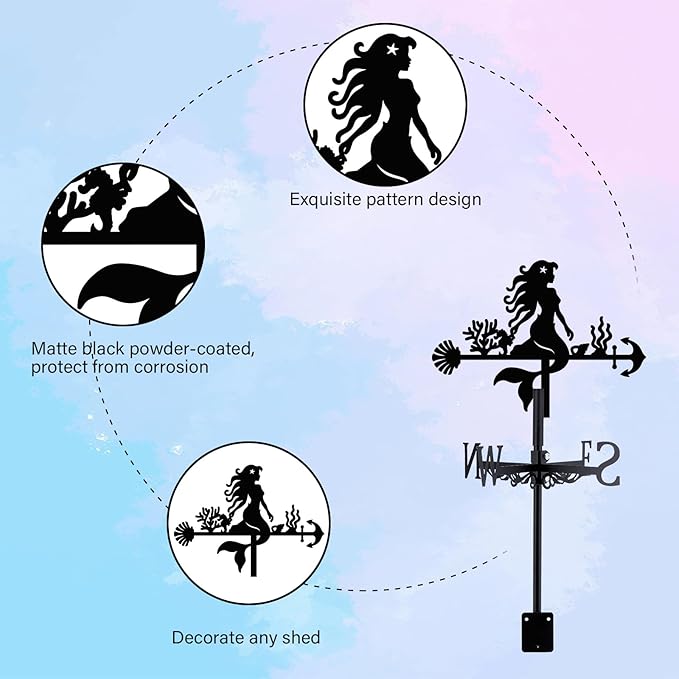 Little Mermaid Weathervane Coral Shells Metal Wind Vane Arrow Weathercock Garden Decoration Wind Direction Indicator Stake Roof Mount Ornament for Farmhouse Yard Outdoor