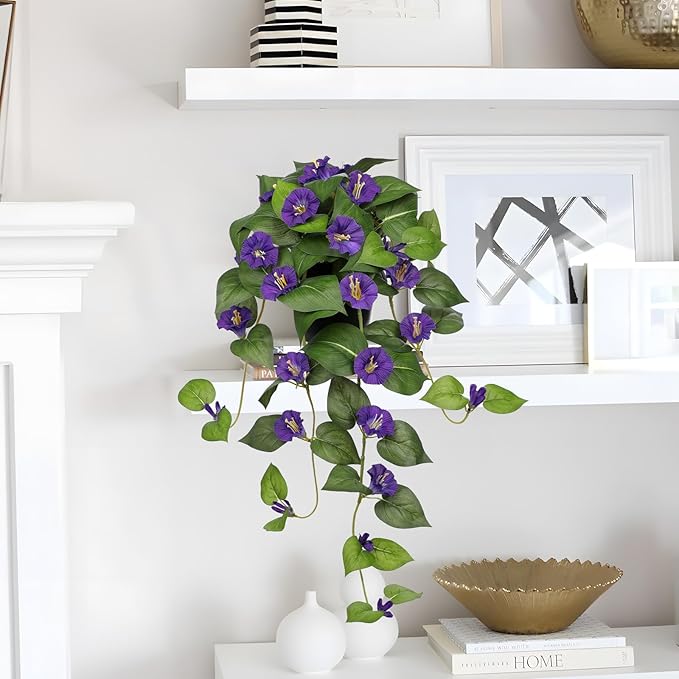 Briful Artificial Hanging Flowers in Pot 25.6" Faux Silk Morning Glory Flower Vine with Cascading Greenery Fake Hanging Plants for Home Office Bathroom Table Shelf Decor(Purple)