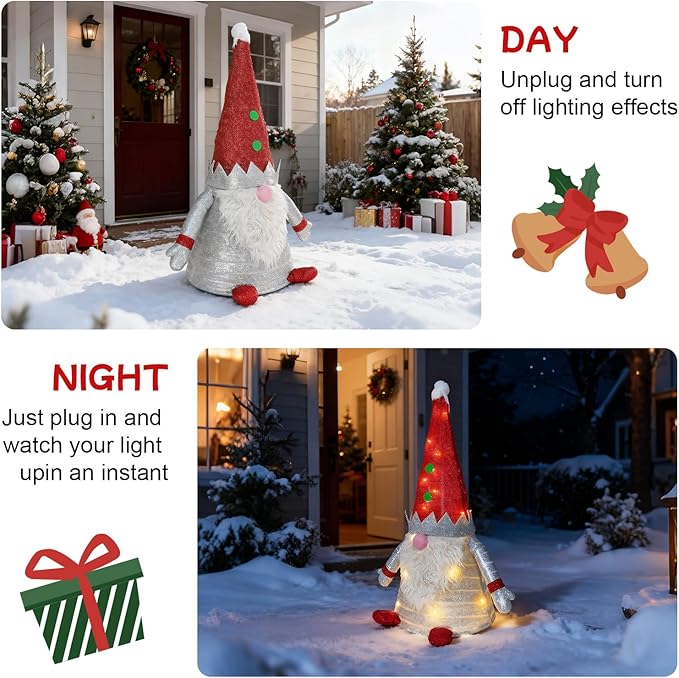 Light Up Christmas Gnome Decoration 37" - Outdoor LED Illuminated Holiday Decor with Warm White Lights, Weatherproof for Porch/Garden - Always-On Festive Yard Figure-White