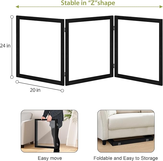 LZRS Clear Dog Gate for Indoor Use - Transparent Pet Fence with Solid Hardwood and Plastic Board, Stylish & Durable freestanding Pet Gate for Doorways, Stairs and Hallways-3 Panel Black