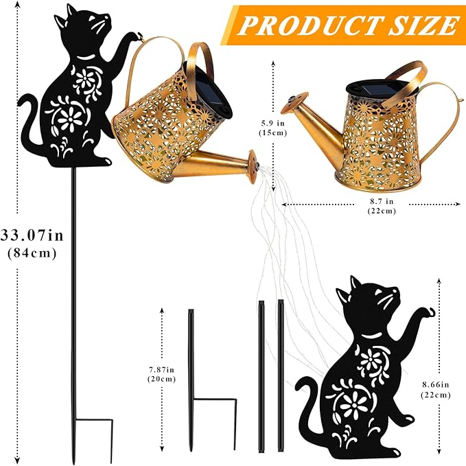 Solar Lights Outdoor Decorative, Watering Can with Cascading Lights, with Cat Silhouette Garden Stakes, Waterproof Metal Garden Decor for Yard Art, Outside, Patio, Lawn Ornaments 2PACK