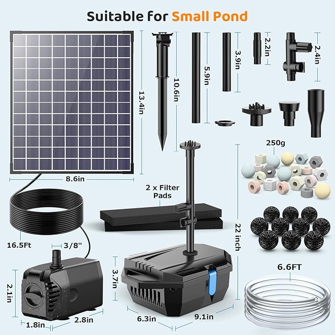 Antfraer 25W Solar Pond Filter with Fountain Pump, Pond Filters for Outdoor Ponds with 16.5Ft Cord Length/6.6Ft Tubing for Ponds, Fish Tank, Wildlife Garden, Fountains, Waterfall Water Feature