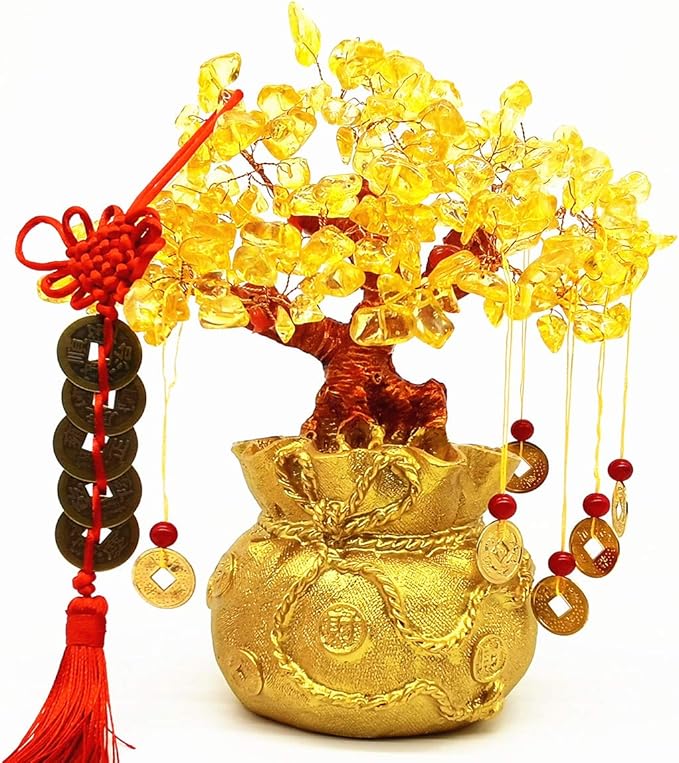 Feng Shui Yellow Quartz Crystal Tree, Bonsai Style Money Trees Decoration for Luck and Wealth (Purse)