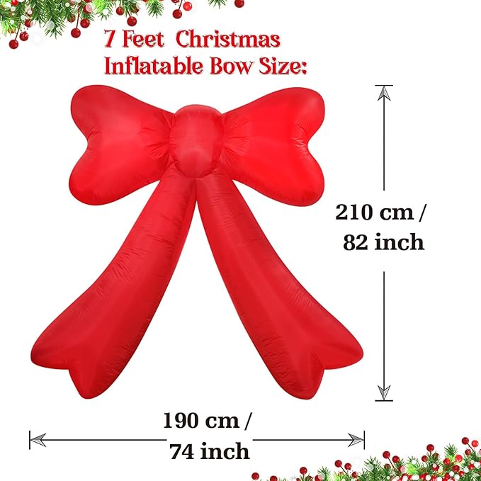 Christmas Inflatables Giant Red Bow Lighted Balcony Terrace Porch Yard Lawn Inflatable Decoration with Built-in Fan and Ropes Holiday Party Decor, Christmas Decor (7FT-Red Bow)