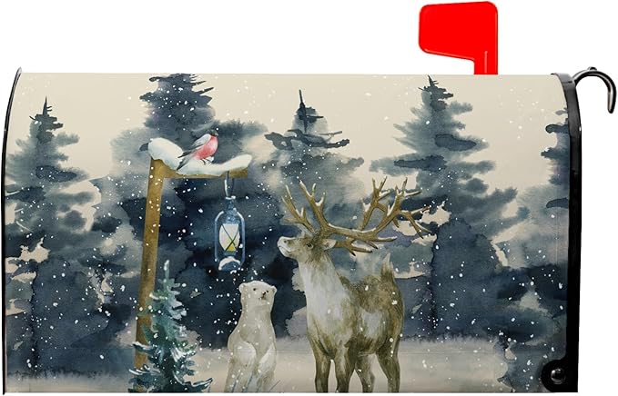 Winter Deer Mailbox Cover Bear Bird Mail Box Covers Magnetic Green Tree Mailbox Wraps 25.5x21 inch Outdoor Decor for Garden Yard