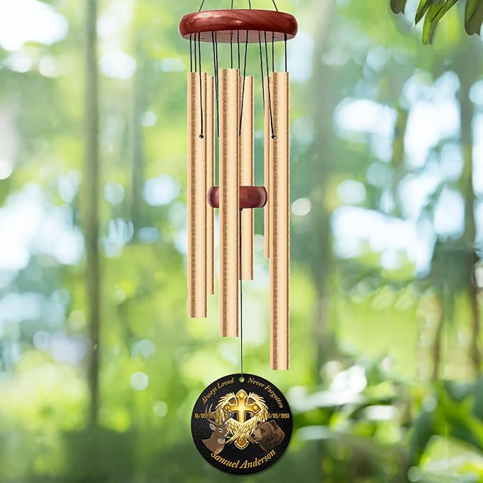 Personalized Faith & Nature Memorial Wind Chime – “Always Loved, Never Forgotten” Golden Cross with Deer & Bear – Custom Name & Dates Outdoor Sympathy Gift – Memorial Windchimes for Loss of Loved One