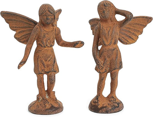 Sungmor Cast Iron Garden Angel Statue, Set of 2 Rustic Brown Fairy Figurines, Creative Angel Pixie Collection Home Office Desk Decor, Indoor Outdoor Fairy Garden Accent Ornament