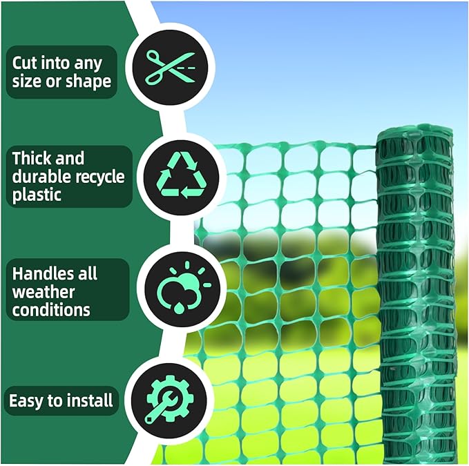 Heavy-Duty 4x100FT Plastic Garden Fence with Steel Posts - UV-Resistant Snow & Pool Barrier for Deer/Dogs/Rabbits/Poultry, Construction-Grade Temporary Fencing for Patio, Backyard & Chicken Coop