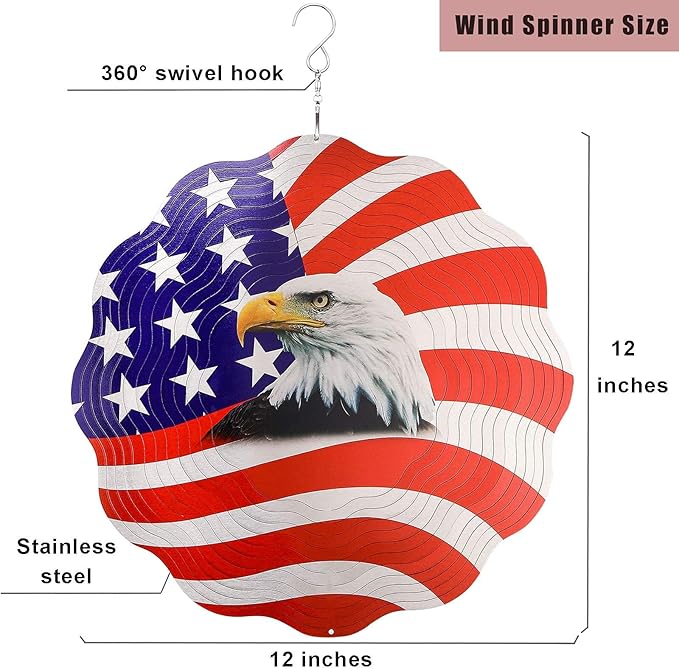 12 inch Wind Spinners Outdoor Hanging Decor, Steel Wind Spinner, Large American Eagle Ornament Spinner, Wind Chimes for Outside, Kinetic Sculpture Sun Catcher, Yard Art Garden Decor, Grandma Gifts