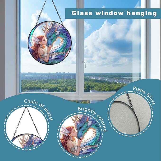 Dragon Fairy Stained Glass Window Hanging, 7.87" Fantasy Suncatcher for Windows with Chain, Fantasy Glass Sun Catcher Decor for Home Bedroom, Window Ornament Gifts for Women & Dragon Lovers