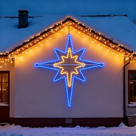 Outdoor Christmas Star of Bethlehem Large LED Star Window Plug Operated Lighted for Xmas Wall Window Indoor Outside Home Street Store Holiday Decorations(43'',Warm, Blue Light)