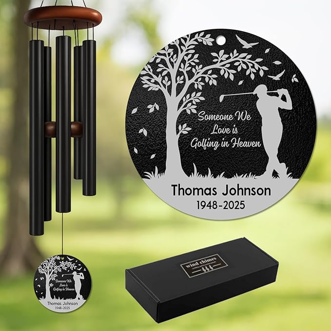 Personalized Golf Memorial Wind Chime – “Someone We Love is Golfing in Heaven” Custom Engraved Name & Years – Outdoor Sympathy Gift for Golf Lovers – Remembrance Windchime for Loss of Loved One
