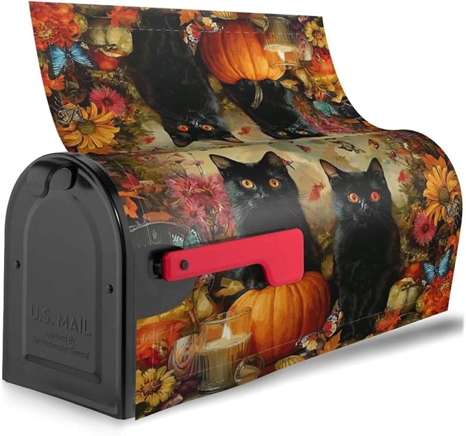 Autumn Pumpkin Cat Mailbox Covers Magnetic Letterbox Covers 21x18 Inch for Garden Outdoor Decoration